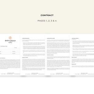 May include: A four-page birth doula contract document featuring black text on a white background. The document includes sections for client information, the role of the doula, client responsibilities, prenatal support, labor and birth support, postpartum support, limitations of service, backup doulas, and refund policy.