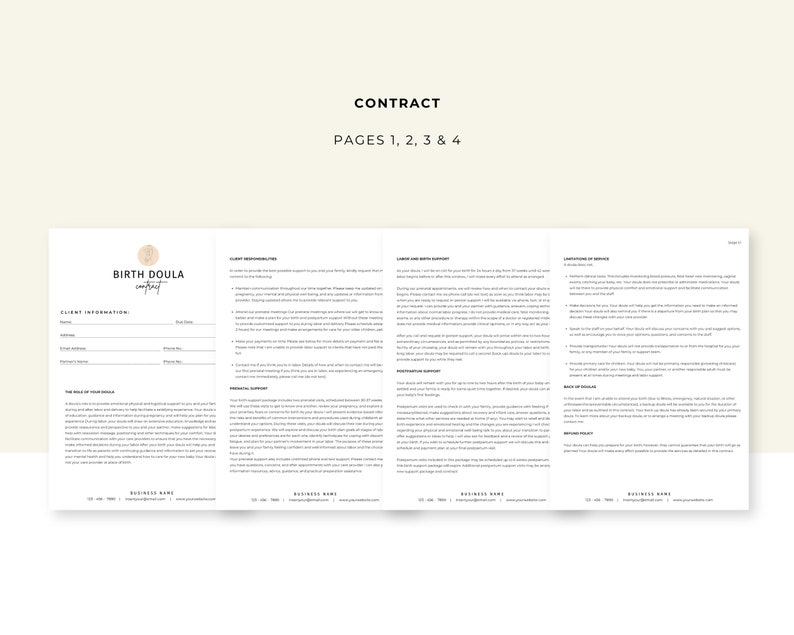 May include: A four-page birth doula contract document featuring black text on a white background. The document includes sections for client information, the role of the doula, client responsibilities, prenatal support, labor and birth support, postpartum support, limitations of service, backup doulas, and refund policy.