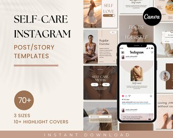 Mall för Instagram-inlägg om självvård, coach för mental hälsa och välbefinnande, Canva-engagemangsförstärkare för sociala medier, coachning för positiv självkärlek
