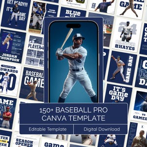 Può includere: Una collezione digitale di oltre 150 modelli grafici a tema baseball per Canva, con un display centrale di smartphone che mostra un giocatore di baseball in uniforme bianca che tiene una mazza, circondato da vari layout per partite e giocatori.