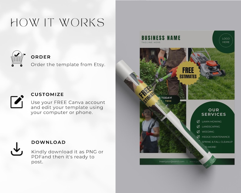 May include: A digital flyer template for a landscaping business featuring a green and white color scheme. The text includes HOW IT WORKS, ORDER, CUSTOMIZE, DOWNLOAD, BUSINESS NAME, FREE ESTIMATES, and OUR SERVICES with a list of lawn care tasks.