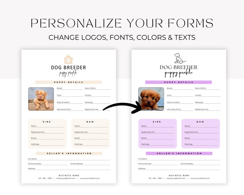 Pode incluir: Dois formul&aacute;rios de perfil de filhote de criador de c&atilde;es personaliz&aacute;veis. O formul&aacute;rio da esquerda tem um fundo bege e o formul&aacute;rio da direita tem um fundo roxo claro. Ambos os formul&aacute;rios t&ecirc;m um espa&ccedil;o para uma foto de filhote, ra&ccedil;a, cor, data de nascimento, sexo, estado de sa&uacute;de, marcas, ID do microchip, n&uacute;mero de registo, informa&ccedil;&otilde;es sobre o pai e a m&atilde;e, informa&ccedil;&otilde;es do vendedor e nome da empresa.