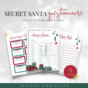 Secret Santa Fragebogen Vorlage 3, Weihnachtsgeschenkbörse zum Ausdrucken, Secret Santa Form, Secret Santagutachten für Arbeit, Weihnachten, Canva