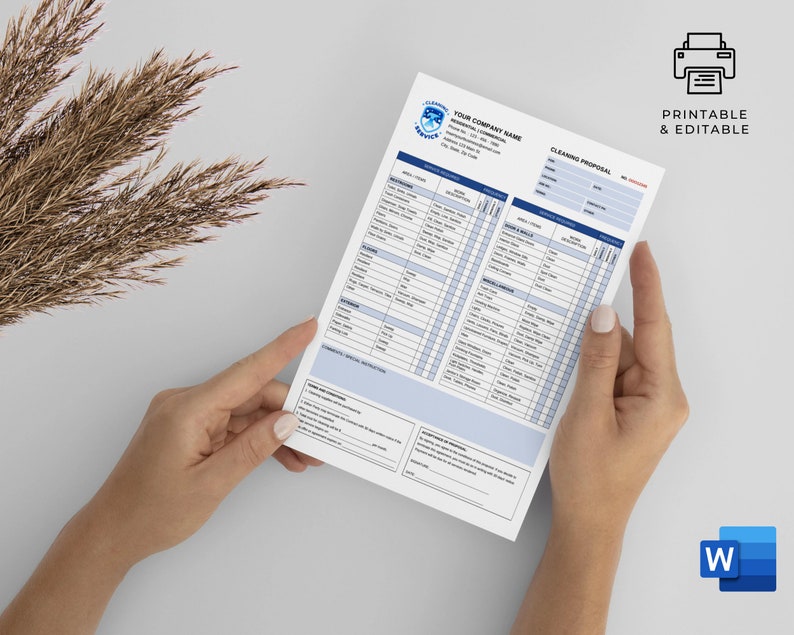 May include: A printable cleaning proposal template in a blue and white color scheme. The template includes sections for services, pricing, and contact information. The document is labeled "Printable & Editable".