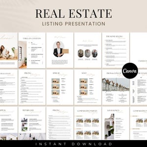 May include: A real estate listing presentation template with a beige background and gold accents. The template includes sections for welcome, table of contents, current real estate, pricing, similar, sold, pros and cons of home staging, curb appeal, repairs and pricing, comparative market, your homes, and comparative market.