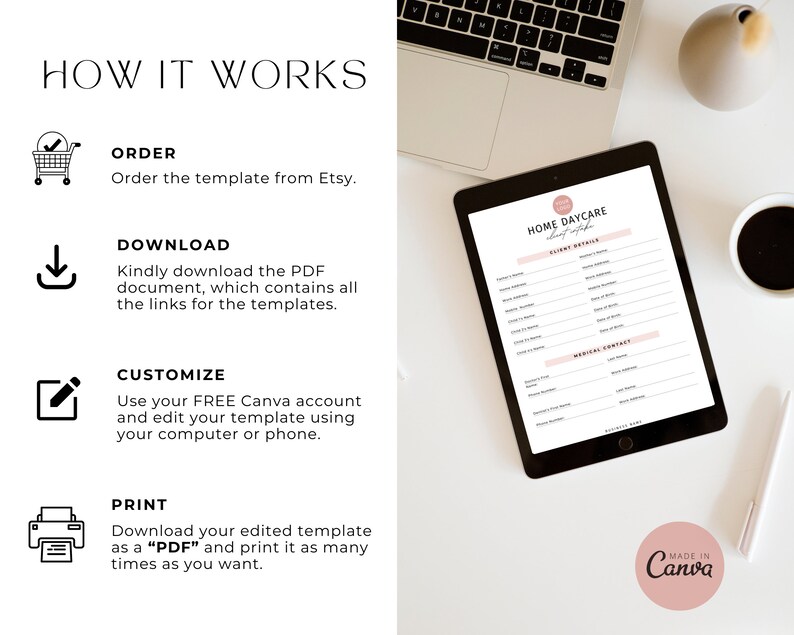 Pode incluir: Um fundo branco com uma ilustra&ccedil;&atilde;o em preto e branco de um carrinho de compras, uma seta de download, um l&aacute;pis e uma impressora. O texto "HOW IT WORKS" est&aacute; no topo da imagem. Abaixo das ilustra&ccedil;&otilde;es est&atilde;o as palavras "ORDER", "DOWNLOAD", "CUSTOMIZE" e "PRINT". Cada palavra &eacute; seguida de uma descri&ccedil;&atilde;o de como usar o modelo. A imagem tamb&eacute;m mostra um tablet com um formul&aacute;rio em branco intitulado "HOME DAYCARE" e um c&iacute;rculo rosa com o texto "MADE IN Canva".