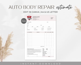 Editable Auto Body Repair Estimate, Auto Repair Estimate Template, Mechanic Bill Estimate, Printable Body Shop Estimate, Instant Download
