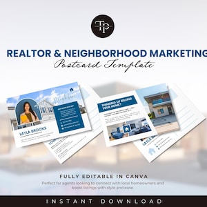 Può includere: Un modello di cartolina di marketing immobiliare con il testo "REALTOR & NEIGHBORHOOD MARKETING Postcard Template." Il design include esempi di cartoline con immagini e testo, e il testo "FULLY EDITABLE IN CANVA" e "INSTANT DOWNLOAD."