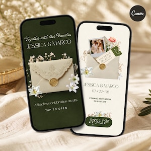 May include: Two smartphones showing wedding invitation designs. One is dark green with an envelope and text: "Together with their Families JESSICA & MARCO". The other is white with a photo and text: "JESSICA & MARCO 07-22-26". Both have floral accents.