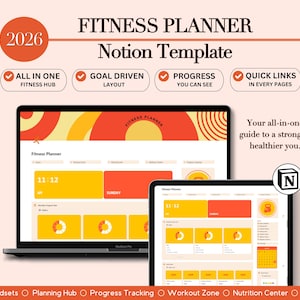 Planificador de fitness de Notion, plantilla de Notion, panel de control de Notion, planificador de fitness para productividad y organización, gimnasio y bienestar.