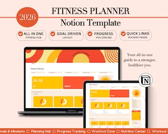 Planificador de fitness de Notion, plantilla de Notion, panel de control de Notion, planificador de fitness para productividad y organización, gimnasio y bienestar.