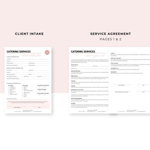 May include: A two-page document with the title "Client Intake" and "Service Agreement" in black text on a pink background. The document is for catering services and includes sections for client information, event details, catering preferences, and a service agreement.
