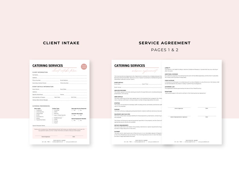 May include: A two-page document with the title "Client Intake" and "Service Agreement" in black text on a pink background. The document is for catering services and includes sections for client information, event details, catering preferences, and a service agreement.