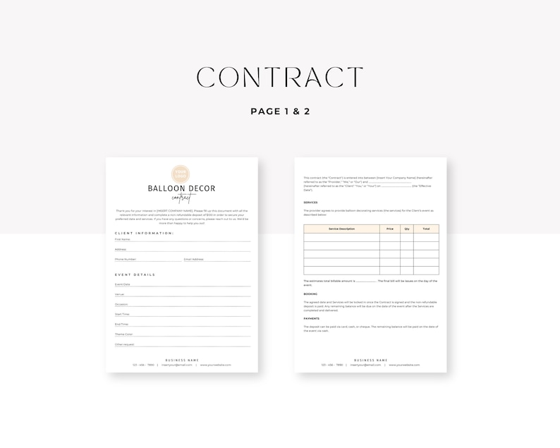 May include: A black and white contract template for a balloon decor company. The contract includes sections for client information, event details, services, and booking. The document is titled "Contract" and "Page 1 & 2".