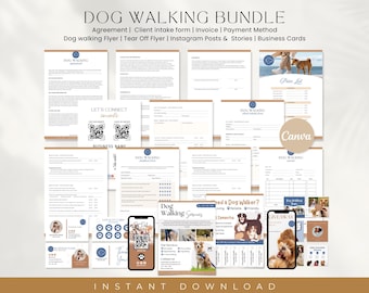 May include: A digital download bundle for dog walking businesses. The bundle includes a client intake form, invoice, payment method, flyer, tear-off flyer, Instagram posts and stories, and business cards. The design features a brown and white color scheme with blue accents.