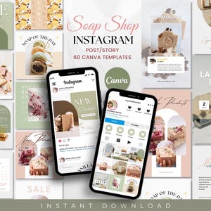 Puede incluir: Una colección de 60 plantillas de Canva para publicaciones e historias de Instagram para una tienda de jabón. Las plantillas presentan una variedad de diseños, que incluyen imágenes de jabón, texto y gráficos. Las plantillas están diseñadas para ayudar a los fabricantes de jabón a promocionar sus productos y hacer crecer su negocio.