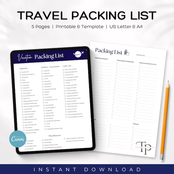 Travel Packing List Template, Vacation Packing List, Travel Agent Forms Template, Travel Organizer Travel Vacation Planner, Travel Checklist