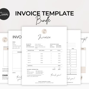May include: Three invoice templates with a minimalist design. The templates feature a simple layout with black text on a white background. The templates include sections for billing information, item descriptions, and payment details. The templates also include a logo with a stylized face.