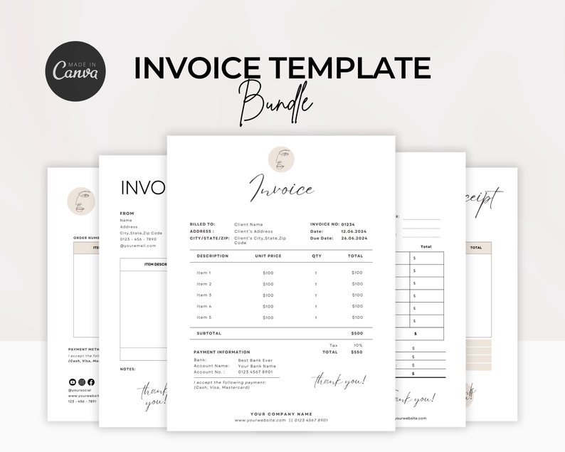 May include: Three invoice templates with a minimalist design. The templates feature a simple layout with black text on a white background. The templates include sections for billing information, item descriptions, and payment details. The templates also include a logo with a stylized face.