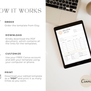 May include: A digital illustration showing the steps to order, download, customise, and print a balloon order form template. The template is designed in Canva and is shown on a tablet screen. The text on the template says "Balloon Order Form".