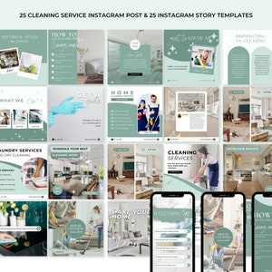 May include: A collection of 25 Instagram post and story templates for a cleaning service business. The templates feature a variety of images, including before and after photos of cleaning, as well as text that highlights the services offered. The templates are designed to be eye-catching and informative, and they can be used to promote the cleaning service on social media.