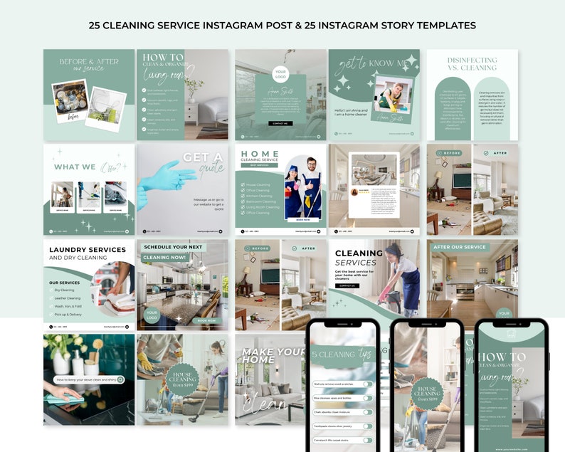 May include: A collection of 25 Instagram post and story templates for a cleaning service business. The templates feature a variety of images, including before and after photos of cleaning, as well as text that highlights the services offered. The templates are designed to be eye-catching and informative, and they can be used to promote the cleaning service on social media.