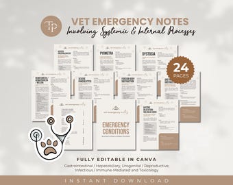 May include: A collection of 24-page vet emergency notes, featuring a stethoscope and paw print graphic. The notes cover various topics, including emergency conditions, systemic and internal processes, and are fully editable in Canva.