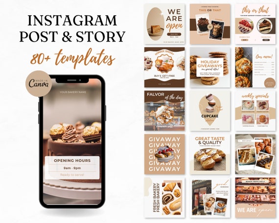 Bakery Instagram Templates, Cafe Instagram Template, Cake Shop, Bakery Branding Kit, Cafe Posts, IG Templates, Canva Templates