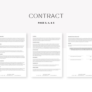 May include: A three-page contract template with the title "CONTRACT" and the page numbers "PAGE 3, 4, & 5". The contract includes sections on "ADDITIONAL FEES", "ACCIDENTS", "WEATHER CONDITIONS", "DAMAGES", "CONFIDENTIALITY", "MAKING CHANGES", and "DISPUTES AND RESOLUTION".