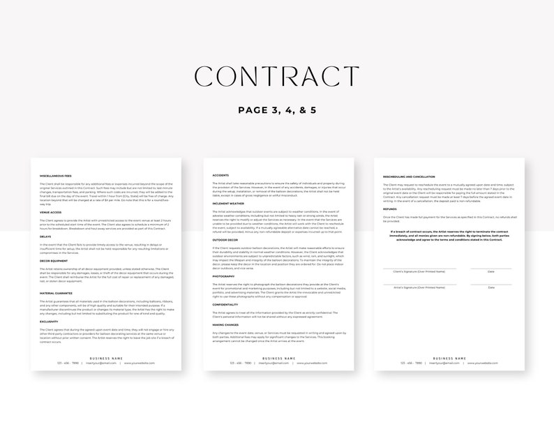 May include: A three-page contract template with the title "CONTRACT" and the page numbers "PAGE 3, 4, & 5". The contract includes sections on "ADDITIONAL FEES", "ACCIDENTS", "WEATHER CONDITIONS", "DAMAGES", "CONFIDENTIALITY", "MAKING CHANGES", and "DISPUTES AND RESOLUTION".