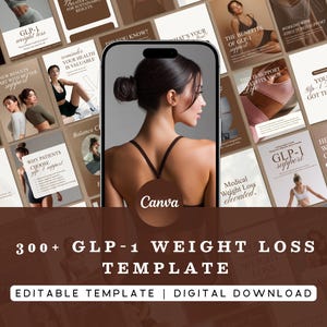 Può includere: Un modello digitale in marrone e bianco, che promuove la perdita di peso GLP-1. L'immagine presenta una donna e il testo "300+ GLP-1 WEIGHT LOSS TEMPLATE" e "EDITABLE TEMPLATE | DIGITAL DOWNLOAD."