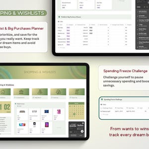 May include: A screenshot of a computer screen showing a budgeting app with a green and white color scheme. The app has sections for "Shopping & Wishlists" and "Spending Freeze Challenge". The "Shopping & Wishlists" section has a calendar, a list of items, and a section for tracking spending. The "Spending Freeze Challenge" section has a table for tracking spending and a section for setting goals.