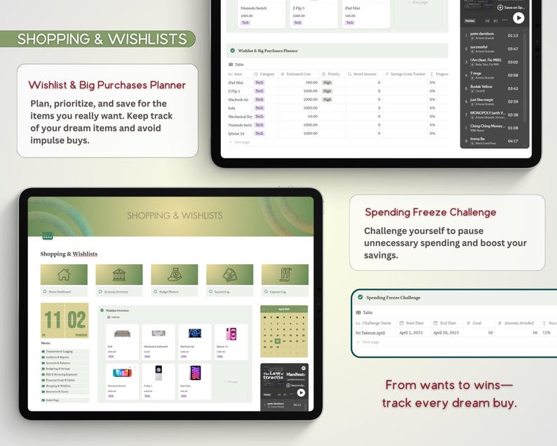 May include: A screenshot of a computer screen showing a budgeting app with a green and white color scheme. The app has sections for "Shopping & Wishlists" and "Spending Freeze Challenge". The "Shopping & Wishlists" section has a calendar, a list of items, and a section for tracking spending. The "Spending Freeze Challenge" section has a table for tracking spending and a section for setting goals.