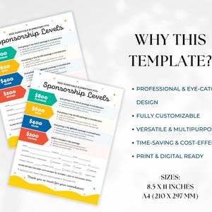 May include: A printable sponsorship levels chart for a school's PTO. The chart features four sponsorship levels: Platinum, Gold, Silver, and Bronze. Each level has a corresponding dollar amount and a list of benefits. The chart is designed in a colorful and eye-catching style.