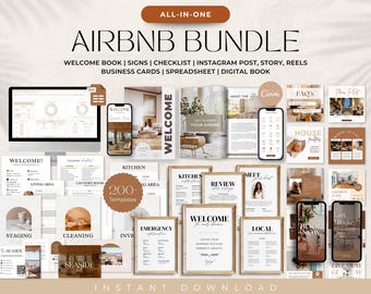 Peut inclure: Un ensemble de produits numériques pour les hôtes Airbnb, comprenant plus de 200 modèles pour les livres de bienvenue, les panneaux, les listes de contrôle, les publications Instagram, les stories, les bobines, les cartes de visite, les feuilles de calcul et un livre numérique. L'ensemble comprend une variété d'éléments de conception, tels qu'un panneau de bienvenue, une liste de contrôle de la cuisine et un guide de recommandations locales.