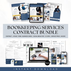 May include: A digital marketing bundle for bookkeeping services. The bundle includes a contract, intake form, business cards, social media post, flyers, service price list, and invoice. The image shows a variety of templates with a blue and white colour scheme.