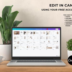May include: A laptop computer displaying a Canva design template with the text "The Three Challenges" and "Digital Detox" on the screen. The laptop is on a wooden table with a white coffee cup and two potted plants.