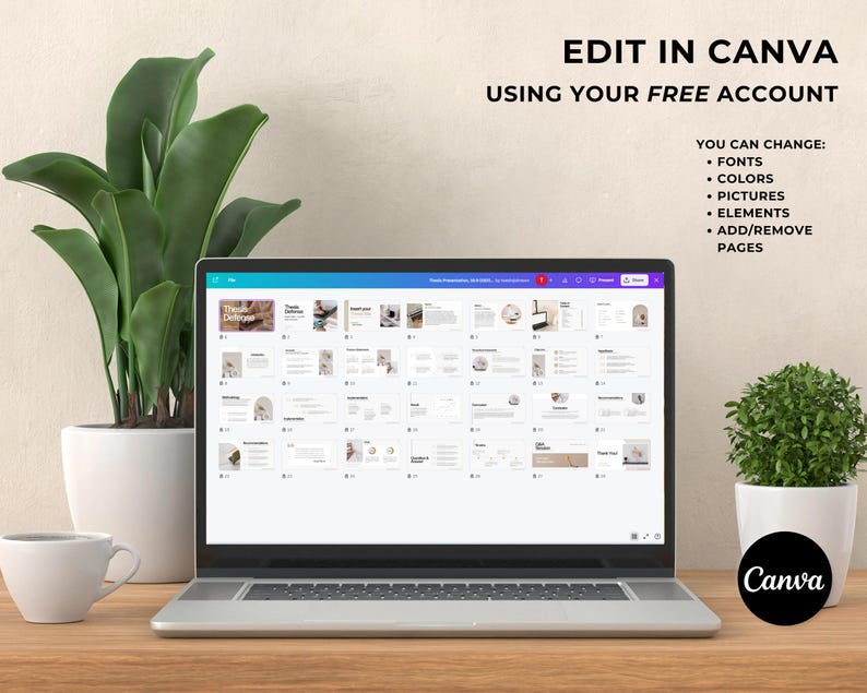 May include: A laptop computer displaying a Canva design template with the text "The Three Challenges" and "Digital Detox" on the screen. The laptop is on a wooden table with a white coffee cup and two potted plants.