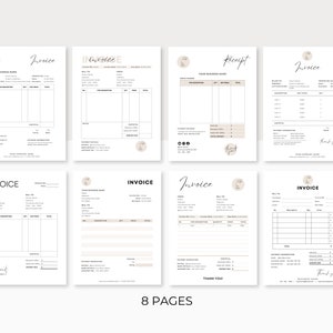 May include: Eight printable invoice templates in a minimalist style with a beige and white colour scheme. The templates include sections for customer information, billing details, item descriptions, quantity, price, and total. Each template features a handwritten "Invoice" title and a "Thank You" message.