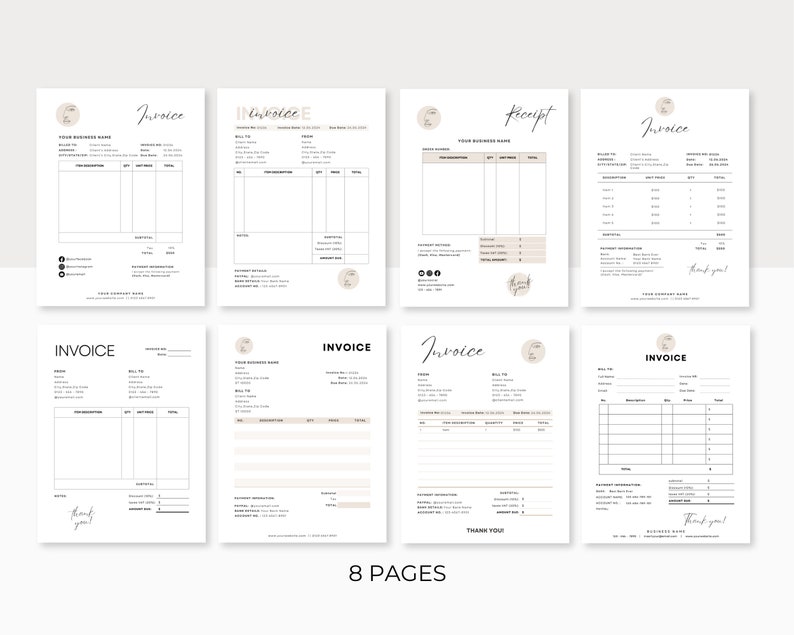 May include: Eight printable invoice templates in a minimalist style with a beige and white colour scheme. The templates include sections for customer information, billing details, item descriptions, quantity, price, and total. Each template features a handwritten "Invoice" title and a "Thank You" message.