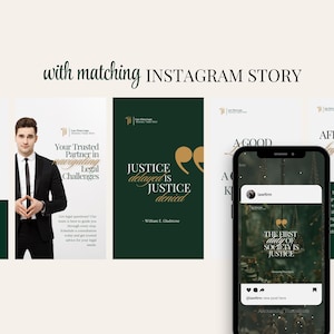 May include: A promotional image for a law firm, featuring a man in a suit, text, and a smartphone displaying an Instagram story. The story includes the quote, "The first duty of society is justice."