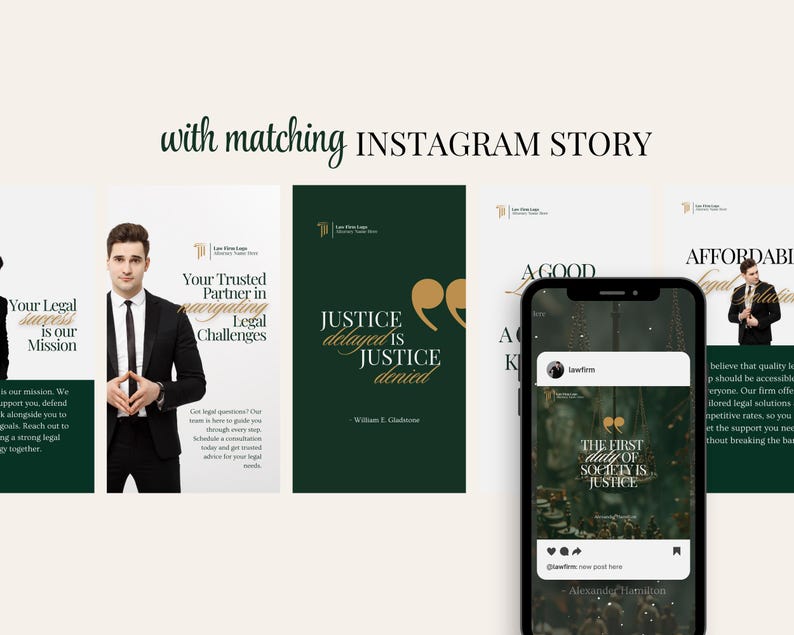 May include: A promotional image for a law firm, featuring a man in a suit, text, and a smartphone displaying an Instagram story. The story includes the quote, "The first duty of society is justice."