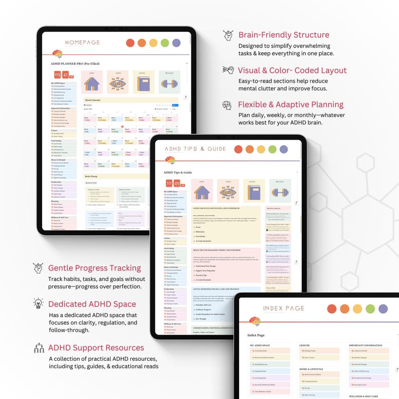 Pu&ograve; includere: Planner digitale per ADHD visualizzato su tablet. Il planner presenta un layout con codifica a colori con sezioni per la pianificazione giornaliera, settimanale o mensile. Include una homepage, suggerimenti e una guida e una pagina indice.