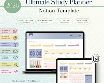 Planificador de Notion para estudiantes, Plantilla de Notion para estudiantes, Panel de control de Notion, Planificador estudiantil para productividad y organización, Planificador escolar para estudiantes
