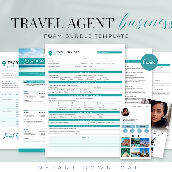Travel Agent Forms Bundle, Travel Business Forms, Travel Inquiry, Booking Information, Travel Quote Form, Travel Invoice, Canva Templates