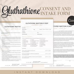 Könnte beinhalten: Ein dreiteiliges, druckbares Formular für eine Glutathion-Injektion mit IV-Tropf. Das Formular enthält Kundeninformationen, Krankengeschichte und ein Einverständnisformular. Das Formular ist in modernem Design gehalten und hat einen hellbraunen Hintergrund mit weißem Text.