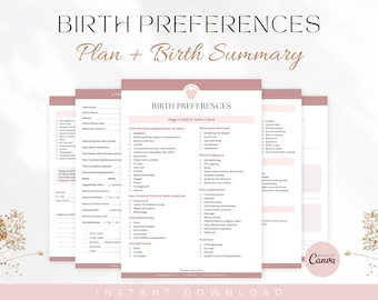 Birth Preferences Checklist and Labour Summary Template, For Doulas, Midwives and Expecting Parents, Labour And Delivery Preferences, Canva