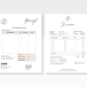 May include: A minimalist receipt and invoice template featuring a stylised face icon. The template includes sections for order number, item description, quantity, unit price, total, payment method, subtotal, discount, taxes, and total amount. The invoice includes sections for billed to, address, city, state, postcode, description, unit price, quantity, and total. The invoice also includes payment information with bank name, account number, and sort code.
