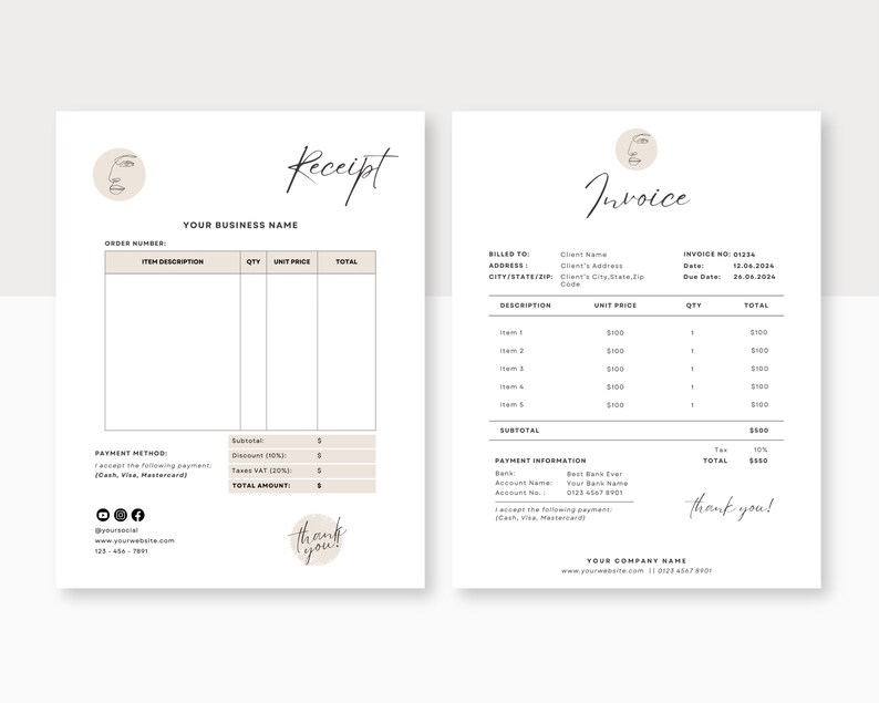 May include: A minimalist receipt and invoice template featuring a stylised face icon. The template includes sections for order number, item description, quantity, unit price, total, payment method, subtotal, discount, taxes, and total amount. The invoice includes sections for billed to, address, city, state, postcode, description, unit price, quantity, and total. The invoice also includes payment information with bank name, account number, and sort code.