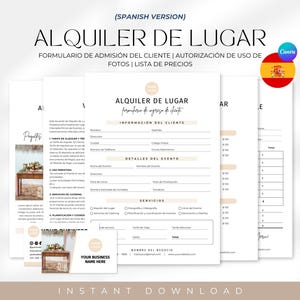 SPANISCHE VERSION Veranstaltungsortmiete-Formular-Bundle, Vertrag über Hochzeitsortung, Servicevertrag für Event-College, Event-Garantie für Kunden, Veranstaltungsortpaket